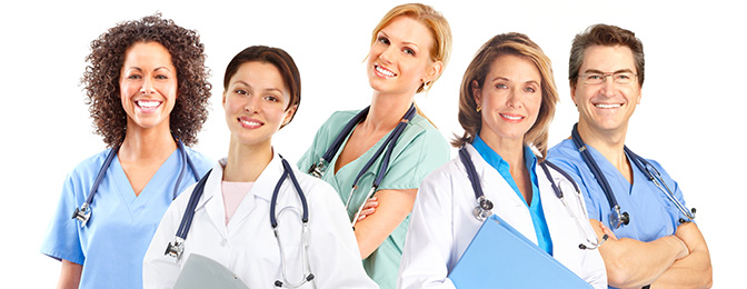 Stock photo representing ODA doctors and nurses smiling.