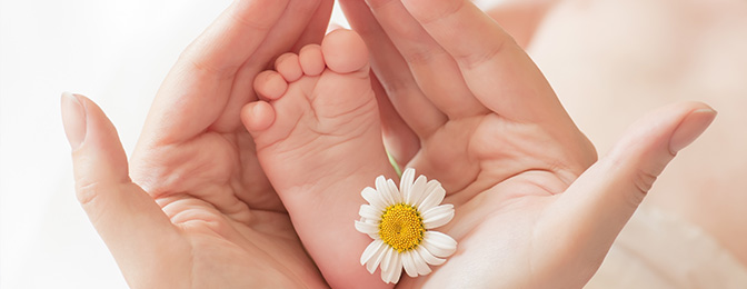 Woman holding an infant's foot between her hand with a small daisy flower